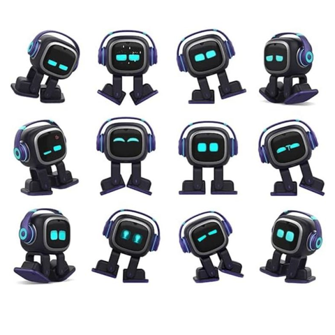 EMO AI desktop pet, black color with blue lights on eyes