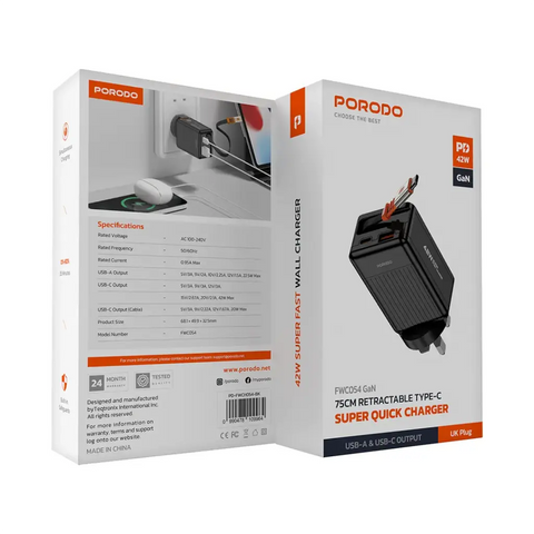 Porodo 75cm Retractable Type-C Super Quick GaN Charger