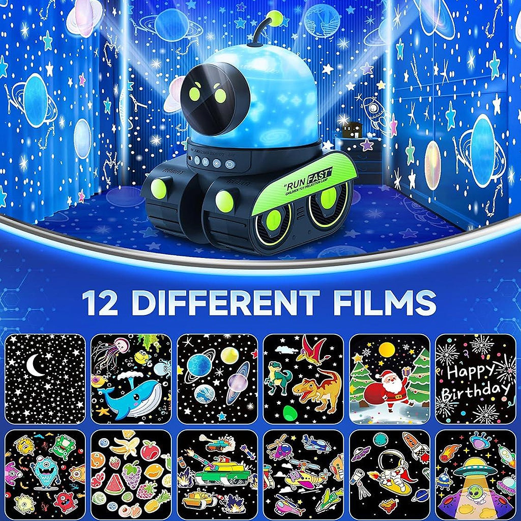 Robot Night Light Projector For Room Decor with 12 Films and 15 Sounds, USB Rechargeable, Portable Star Projector