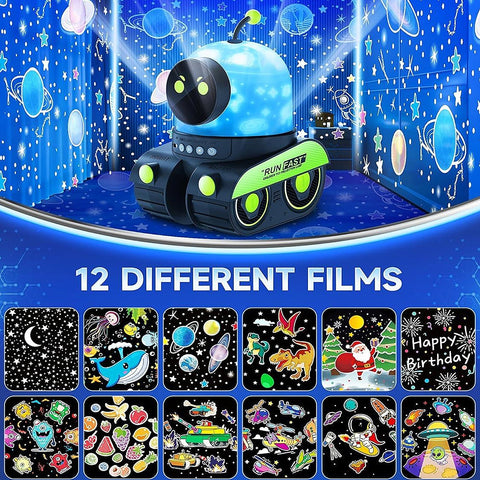 Robot Night Light Projector For Room Decor with 12 Films and 15 Sounds, USB Rechargeable, Portable Star Projector