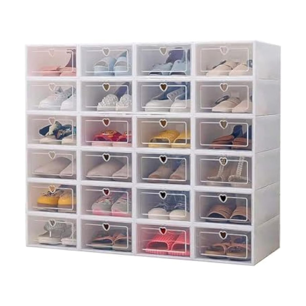 Clear Plastic Shoe Storage Transparent Stackable Organizer box (White 24PCS)