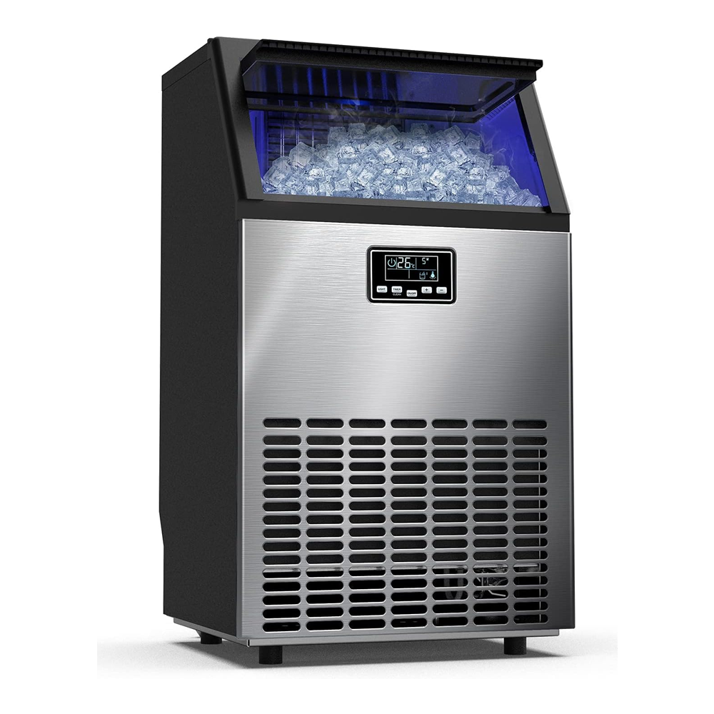 Ice Maker Commercial Machine Self Clean, 44 Cubes per Batch in 11-18 Minutes 100KG/24H,15KG Storage Bin, Advanced LCD Panel w/Clear Indicators, Freestanding for Restaurant/Home/Food Truck Use