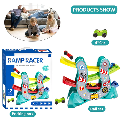 4-layers Race Track Toy for Toddler with 4pcs Cars U-shaped Car Slide Track Toy Hand-eye Coordination Training