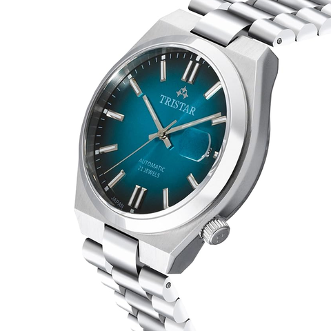 Tristar NJ Series Men's Automatic Watch Gradiant Blue Index Dial Stainless Steel Bracelet Wrist Watch for Men