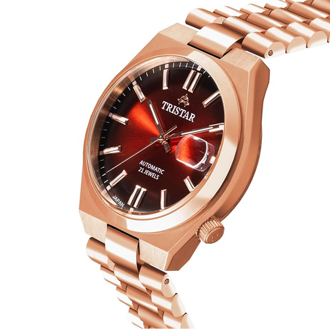Tristar NJ Series Men's Automatic Watch Scarlet Red Index Dial Rose Gold Bracelet Wrist Watch for Men