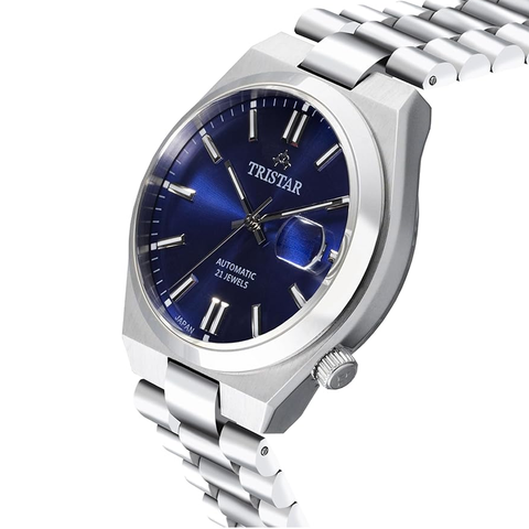 Tristar NJ Series Men's Automatic Watch Blue Index Dial Stainless Steel Bracelet Wrist Watch for Men