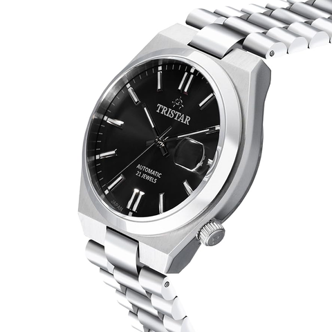 Tristar NJ Series Men's Automatic Watch Black Index Dial Stainless Steel Bracelet Wrist Watch for Men