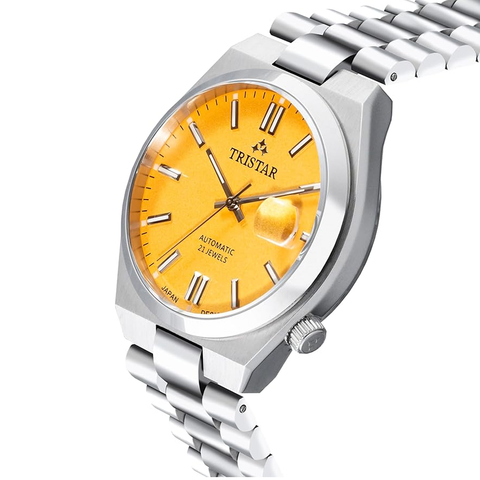 Tristar NJ Series Men's Automatic Watch Yellow Index Dial Stainless Steel Bracelet Wrist Watch for Men
