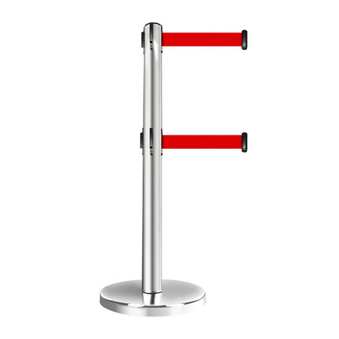 Double Layer Belt Stanchion Queue Rope Barrier with Retractable Belt Polished Stainless Steel (Size:2m,Color:Silver)