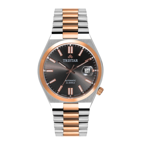 Tristar NJ Series Men's Automatic Watch Black Index Dial Rose Gold 2 Tone Bracelet Wrist Watch for Men