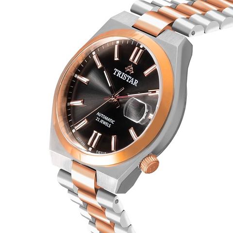 Tristar NJ Series Men's Automatic Watch Black Index Dial Rose Gold 2 Tone Bracelet Wrist Watch for Men