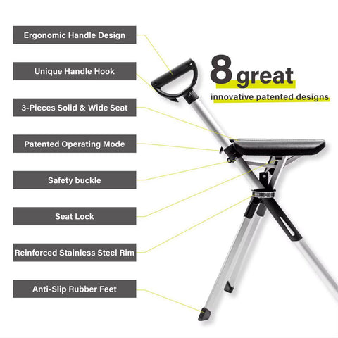 The Ta Da Seat Stick / Chair - the walking cane/ stick that converts to a tripod chair
