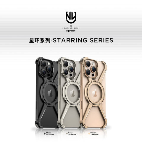 Njoyny Starring Series Magnetic Metal Phone Case for iPhone 16 15 14 13 Pro Max Z Shape Bumper 360° Rotation Holder Protective Cover