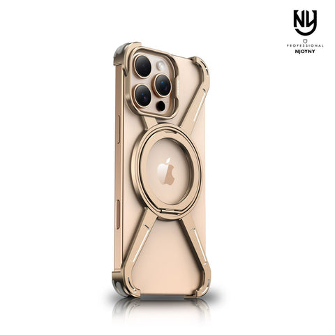 Njoyny Starring Series Magnetic Metal Phone Case for iPhone 16 15 14 13 Pro Max Z Shape Bumper 360° Rotation Holder Protective Cover