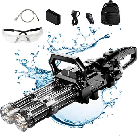 Water Gatling Gun, Double Barrel Water Gun, Range 40 Ft, Gatling Electric Water Gun with Large Capacity Backpack