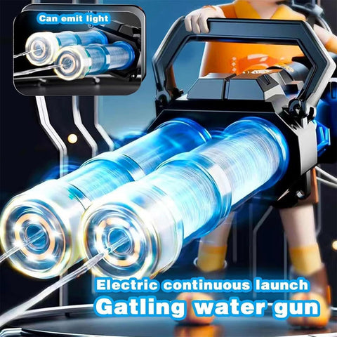 Water Gatling Gun, Double Barrel Water Gun, Range 40 Ft, Gatling Electric Water Gun with Large Capacity Backpack