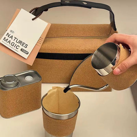 Portable Coffee Kit Coffee Serving Sets-Travel Coffe-e Kit with Grinder-Server-Kettle-Filter-Scale & Steel Drip Funnle, Set-All in Gift Bag (7-IN-1)