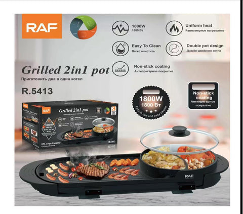 RAF 2-in-1 Electric Hot Pot and Grill, Korean BBQ Style, 1800W Non-stick Rectangular Pan, 25x25cm
