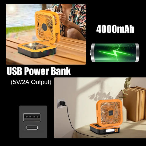 3-in-1 Solar Fan 10000mAh Battery 10W 6-Speed LED Light Power Bank