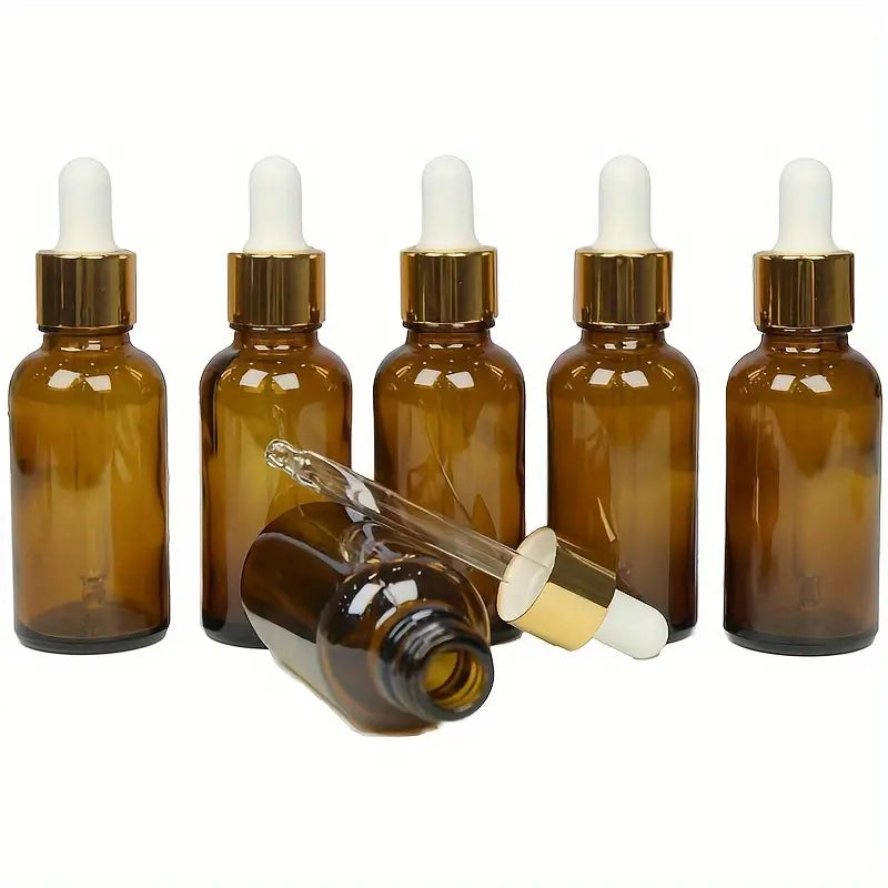 Willow 30/ 50/ 100 ml Amber Round Empty Glass Bottle + Glass Dropper + Gold Ring + Black Silicone Teat (12pc Pack)