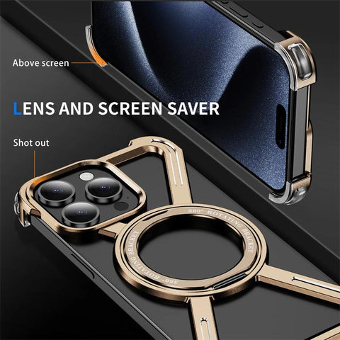 Njoyny Starring Series Magnetic Metal Phone Case for iPhone 16 15 14 13 Pro Max Z Shape Bumper 360° Rotation Holder Protective Cover