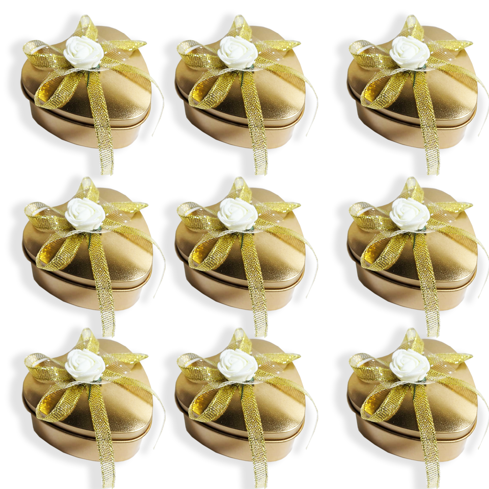 12 Pcs Heart Shape Wedding Favour Tin Box With Bow Gold 6x6x4 Cms - Willow
