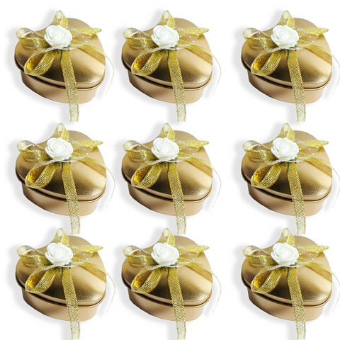 12 Pcs Heart Shape Wedding Favour Tin Box With Bow Gold 6x6x4 Cms - Willow