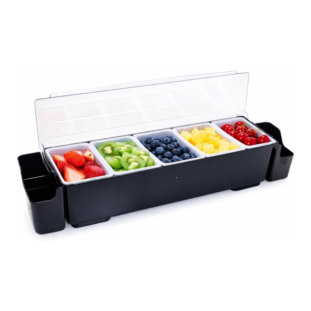 Olmecs Chilled Condiment Server, Fruit, Veggie & Condiment Caddy with Lid Dispenser Tray Plastic Garnish Station for Bartending & Serving Taco