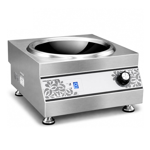 Olmecs Commercial Induction Cooker Flat Base & Curve Base for Wok Vessels Stainless Steel 220V 5000W with 8 Power Level Setting