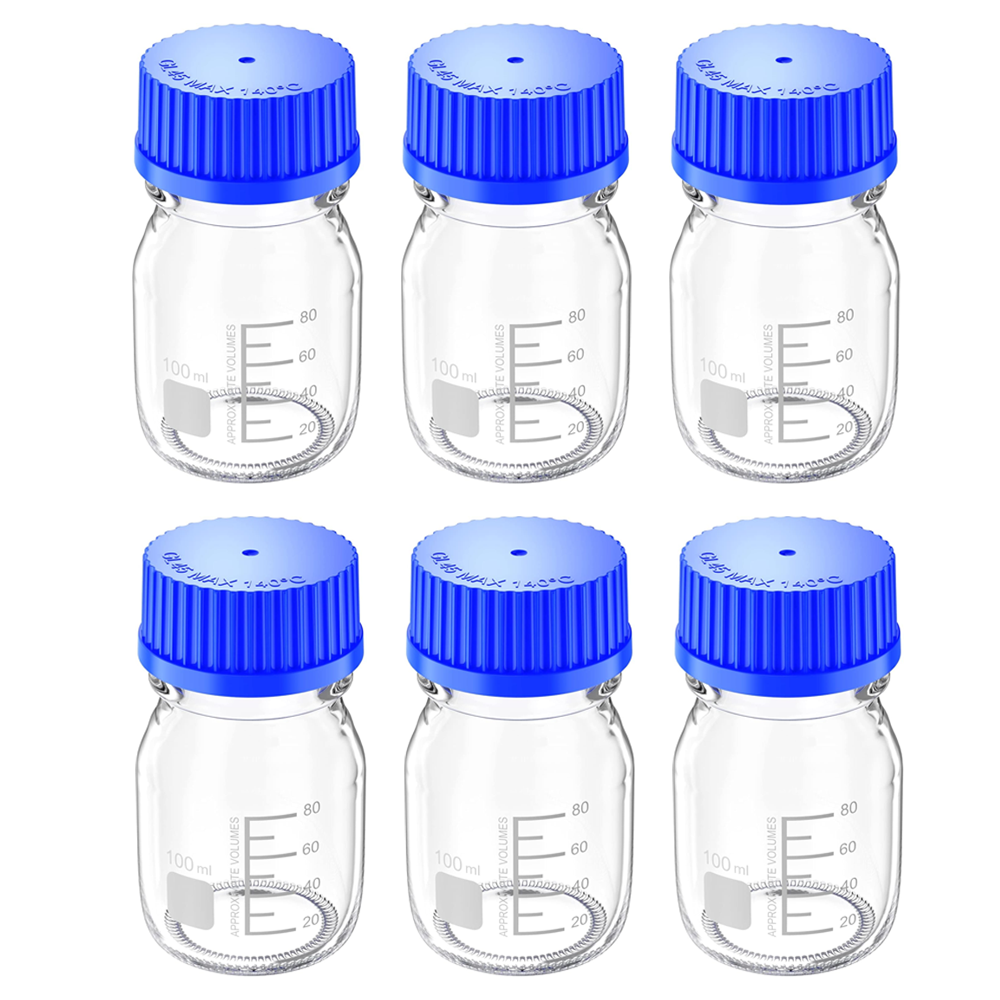 Willow 100ml Glass Round Media Storage Bottles with GL45 Screw Cap, Borosilicate Glass, Reagent Bottle Graduations,Pour Ring Included ( Pack of 6 )