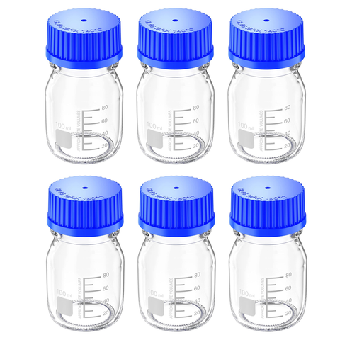 Willow 100ml Glass Round Media Storage Bottles with GL45 Screw Cap, Borosilicate Glass, Reagent Bottle Graduations,Pour Ring Included ( Pack of 6 )