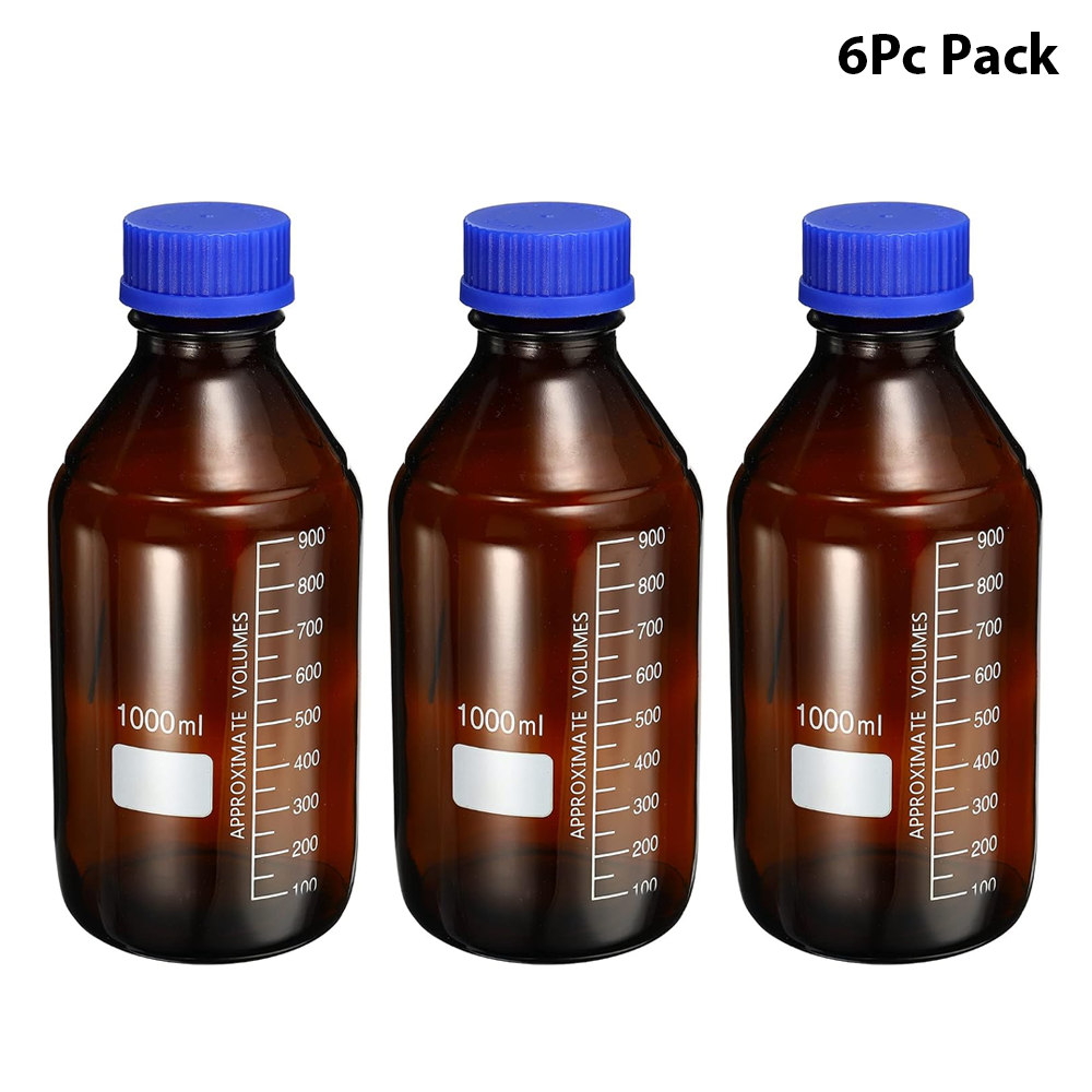 Willow 1000mL Reagent Media Bottle, 6Pcs Round Graduated Glass Storage Bottle Blue Screw Cap for Chemistry Lab