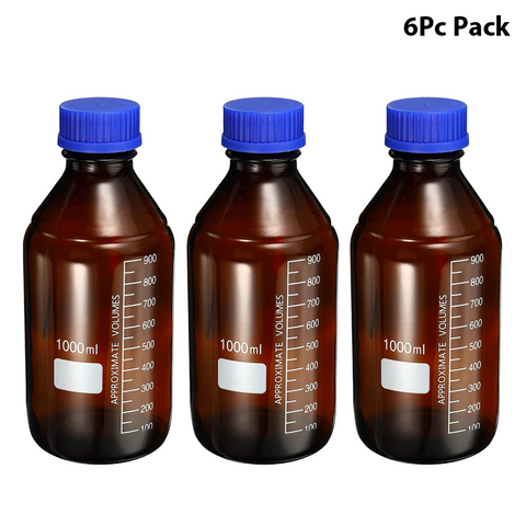 Willow 1000mL Reagent Media Bottle, 6Pcs Round Graduated Glass Storage Bottle Blue Screw Cap for Chemistry Lab