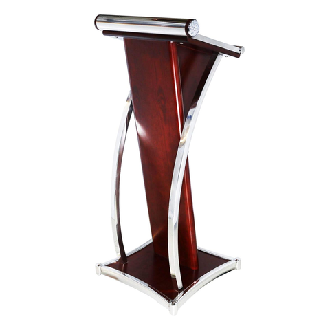 Olmecs Wooden Podium with Stainless Steel Lining Conference Rostrum Stand, Maple Brown with Silver