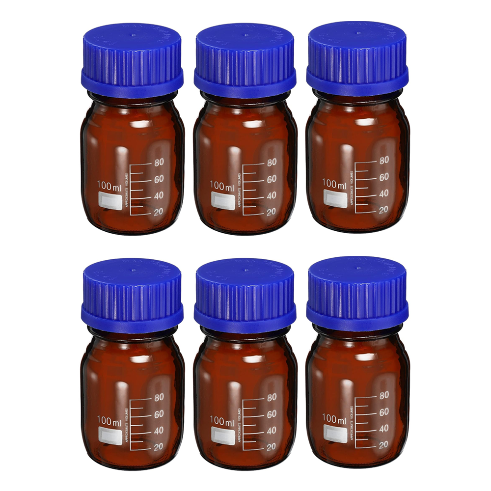 Willow 100mL Reagent Media Bottle, 6Pcs Round Graduated Glass Storage Bottle Blue Screw Cap for Chemistry Lab