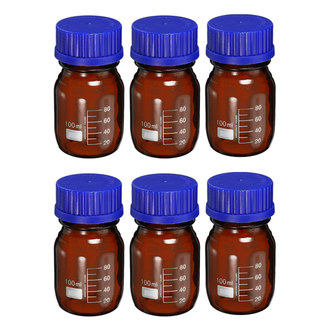 Willow 100mL Reagent Media Bottle, 6Pcs Round Graduated Glass Storage Bottle Blue Screw Cap for Chemistry Lab