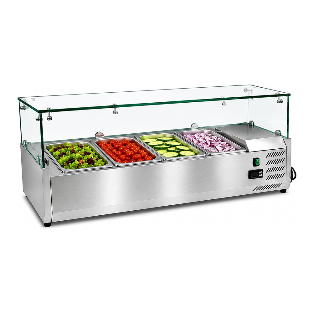 Olmecs Commercial Refrigerated Salad Bar Display Counter – Stainless Steel Prep Top Chiller with Glass Cover for Restaurants,