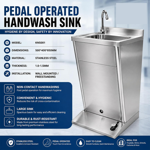 Olmecs Foot Operated Stainless Steel Handwash Sink Handsfree Wallmounted with Faucet (50x45x85cm)