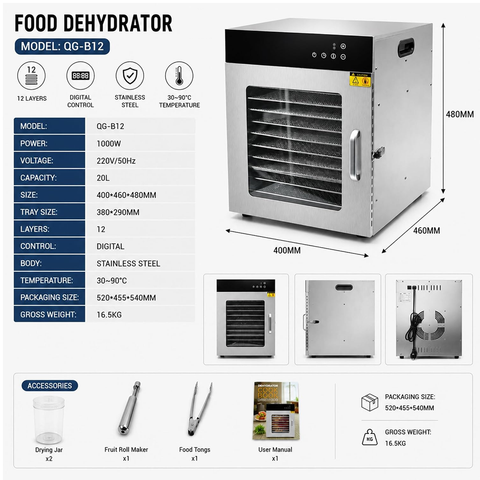 Olmecs Commercial Food Dehydrator Machine 12 Tray 1000W Digital Adjustable Timer And Temperature Control