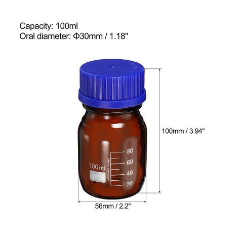 Willow 100mL Reagent Media Bottle, 6Pcs Round Graduated Glass Storage Bottle Blue Screw Cap for Chemistry Lab