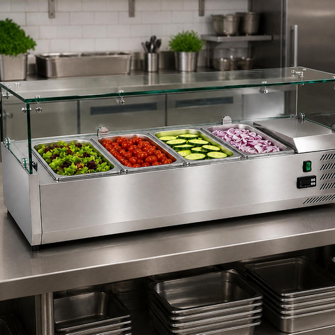 Olmecs Commercial Refrigerated Salad Bar Display Counter – Stainless Steel Prep Top Chiller with Glass Cover for Restaurants,