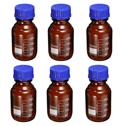 Willow 250mL Reagent Media Bottle, 6Pcs Round Graduated Glass Storage Bottle Blue Screw Cap for Chemistry Lab