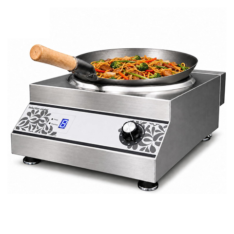 Olmecs Commercial Induction Cooker Flat Base & Curve Base for Wok Vessels Stainless Steel 220V 5000W with 8 Power Level Setting