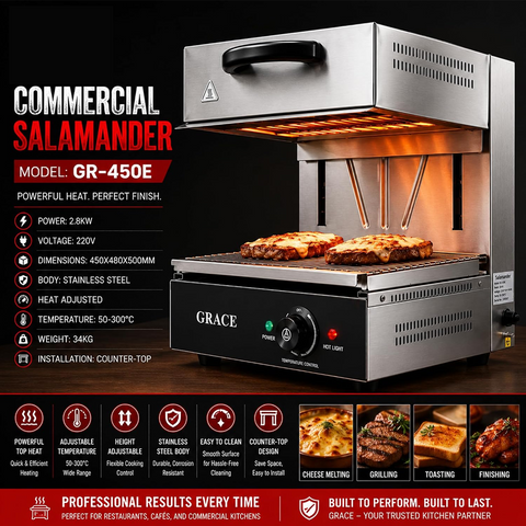 Olmecs Commercial Electric Salamander Grill 2.8KW Countertop Stainless Steel Broiler | Adjustable Upper Heating Element