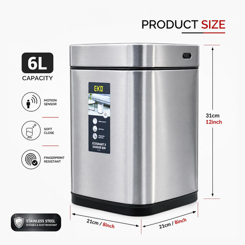 EKO Automatic Sensor Bin 6L/9L Kitchen Trash Can Garbage Can Stainless Steel Touch Free Trash Can with Lid