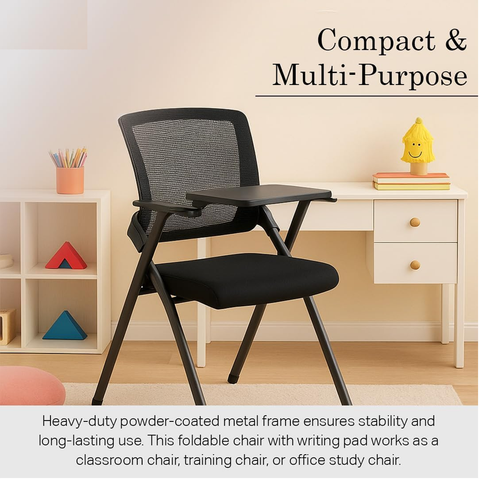 Olmecs Black Mesh Study Chair – Ergonomic Chair with Writing Pad for Students & Adults