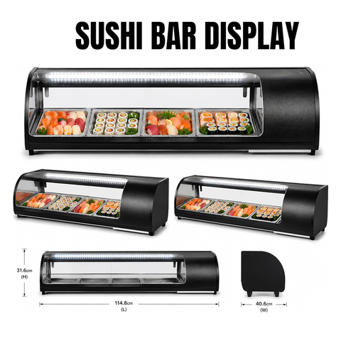 Olmecs Sushi Display Refrigerator, Sushi Display Cooler, 4 x 1/4GN Trays Countertop Sushi Showcase, 42L Food Show Fridge