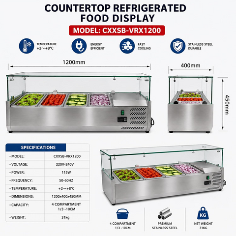 Olmecs Commercial Refrigerated Salad Bar Display Counter – Stainless Steel Prep Top Chiller with Glass Cover for Restaurants,