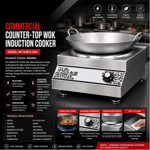 Olmecs Commercial Induction Cooker Flat Base & Curve Base for Wok Vessels Stainless Steel 220V 5000W with 8 Power Level Setting