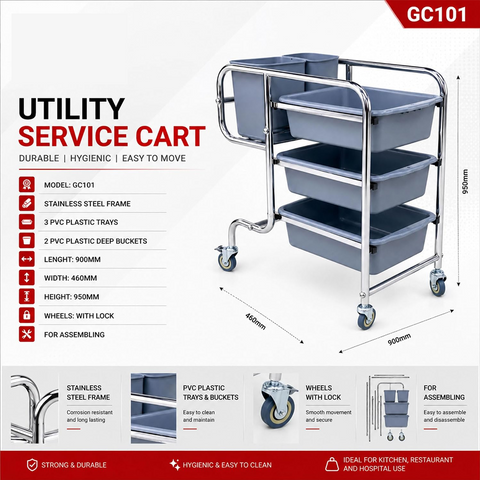 Olmecs Stainless Steel Dish Collecting Cart Dish Collecting Trolley with 4 Plastic Buckets 900 * 460 * 950